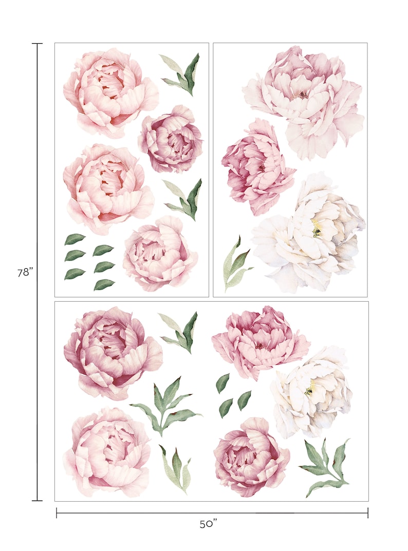 Peony Flowers Wall Sticker, Mixed Pink Watercolor Peony Wall Stickers Peel and Stick Removable Stickers LARGE SET image 6