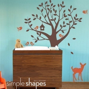 Tree with Birds and Fawn Decal Set Kid's Nursery Room Wall Decal Scheme B