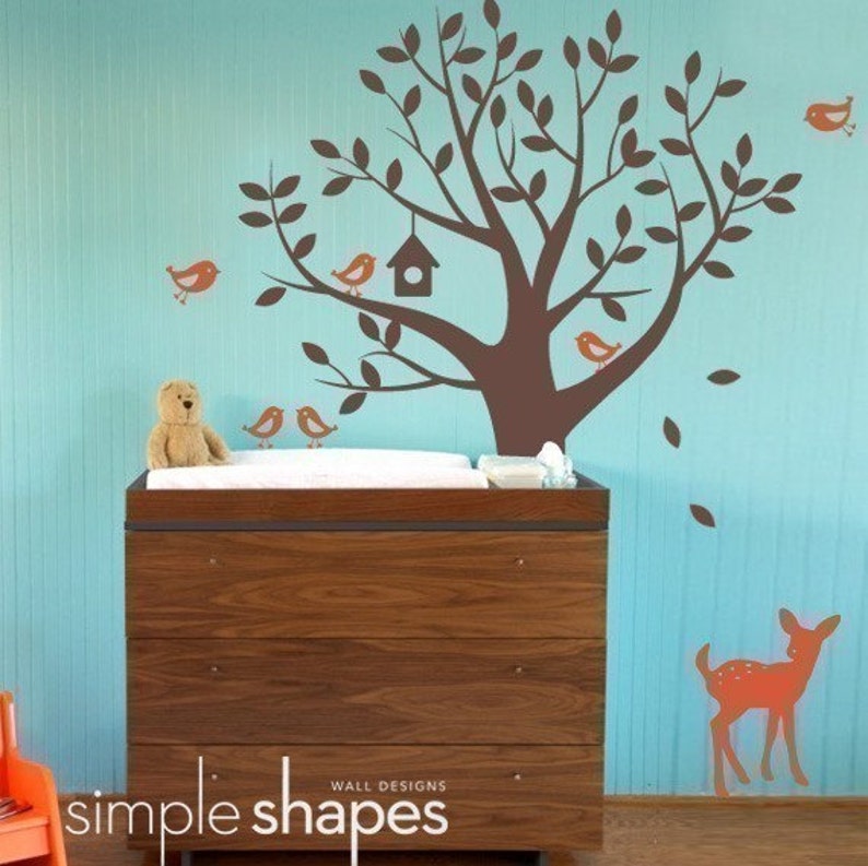 Tree with Birds and Fawn Decal Set Kid's Nursery Room Wall Decal Scheme B
