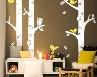 Muursticker berkenboom met vogels: bos kinderkamerkunst