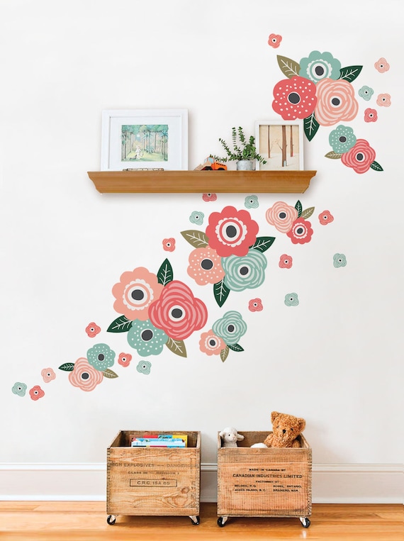 Sticker Mural Fleur pour Enfants, Stickers Muraux Chic Fleurs Corail et  Menthe Décoller et Coller Stickers Muraux Enfants Chambre Décor -   France