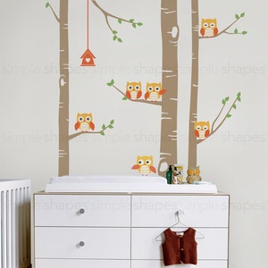 Birch Tree Wall Decal, Birch Tree With Owls Wall Sticker Set, Birch Tree Decal, Baby Nursery Wall Stickers W1118 Scheme C