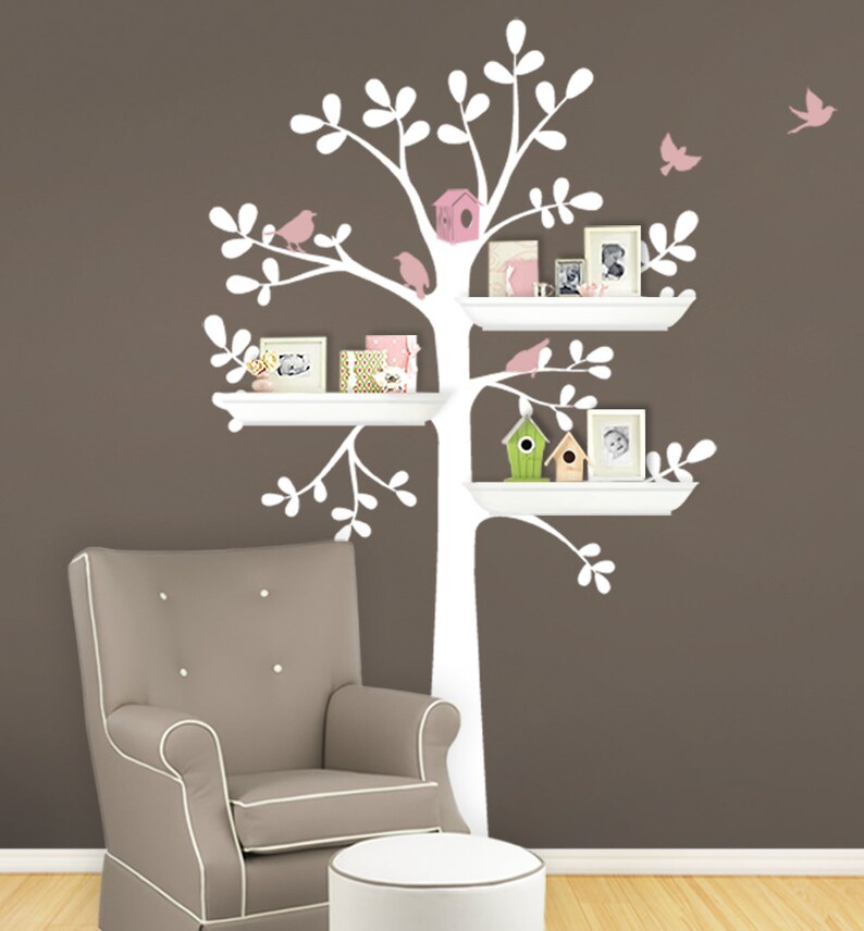 Wall Decals Baby Nursery Decor: Shelving Tree Decal with Birds Original Wall Decal Scheme B