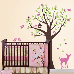 Ensemble de décalcomanies arbre avec oiseaux et faon décalcomanie murale pour chambre de bébé pour enfant Scheme A