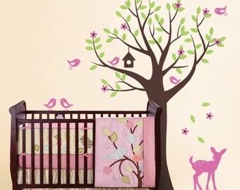 Tree with Birds and Fawn Decal Set - Kid's Nursery Room Wall Decal