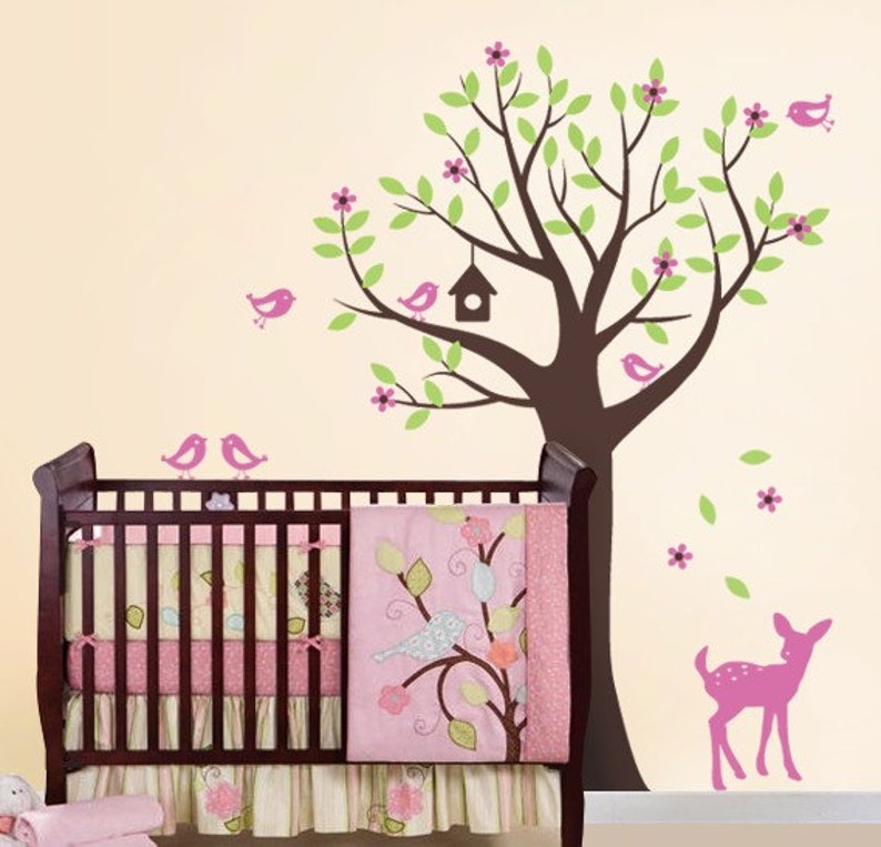 Tree with Birds and Fawn Decal Set Kid's Nursery Room Wall Decal Scheme A