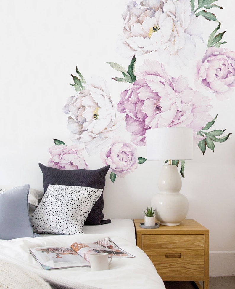 Peony Flowers Wall Sticker, Simple Shapes Peel and Stick Decals Removable W5028 Vintage Lilac