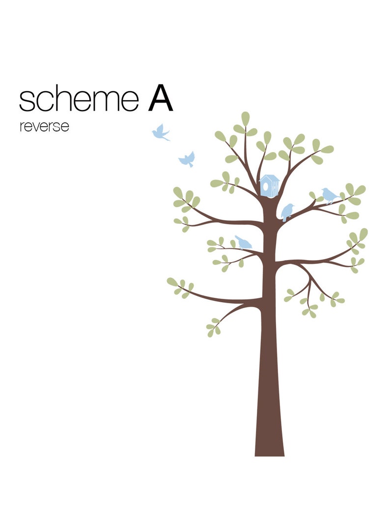 Pode incluir: Ilustra&ccedil;&atilde;o decorativa de uma &aacute;rvore com tronco castanho, galhos e folhas verdes. P&aacute;ssaros azuis claros e uma casinha de p&aacute;ssaros nos galhos. O texto "scheme A reverse" est&aacute; no canto superior esquerdo.
