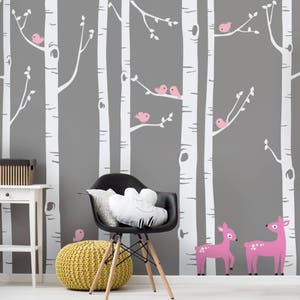 Birch Tree Wall Decal with Birds and Deer, Baby Nursery Wall Stickers, Nursery Wall Decals, Tree with Birds and Deer Stickers W1114