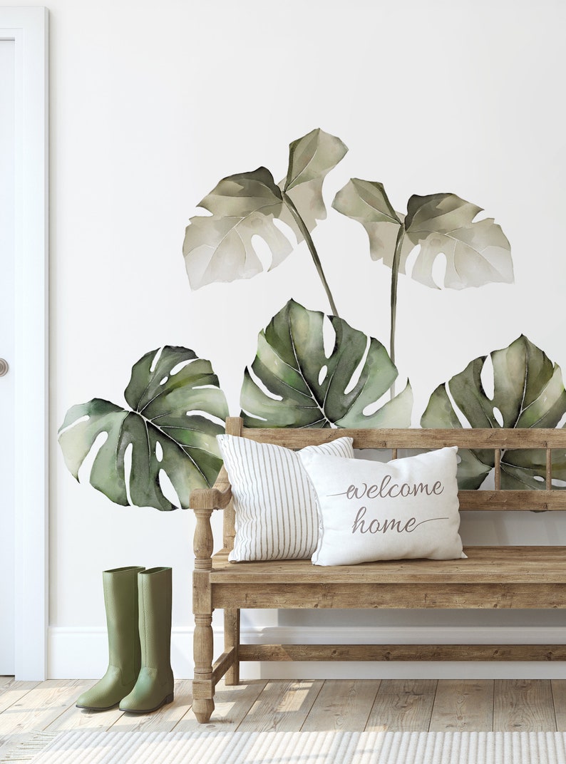 Watercolor Monstera Tropical Jungle Leaves, Safari Green Peel and Stick Removable Wall Stickers image 3