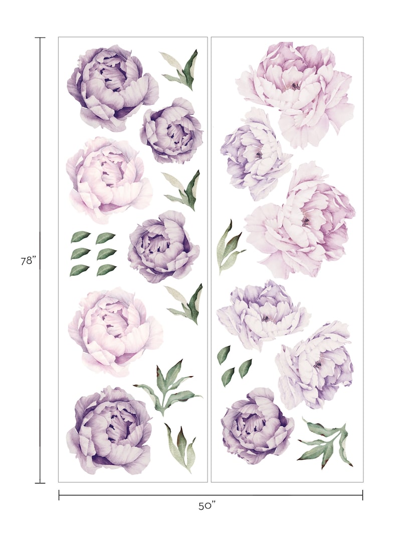Peony Flowers Wall Sticker, Mixed Lavender Purple Watercolor Peony Wall Stickers Peel and Stick Removable Stickers LARGE SET image 5