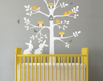 Wall Decal Nursery, Tree wall decal, Tree with animals, Easter Bunny Decal - Owl Rabbit Bird Tree Wall Decal