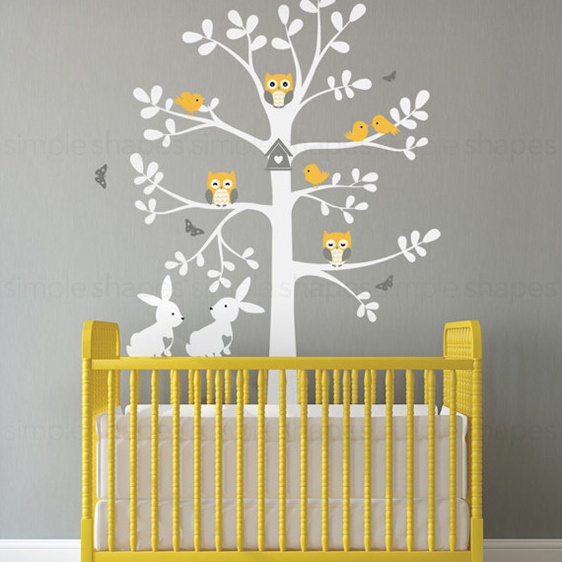 Wall Decal Nursery, Tree wall decal, Tree with animals, Easter Bunny Decal Owl Rabbit Bird Tree Wall Decal Scheme A