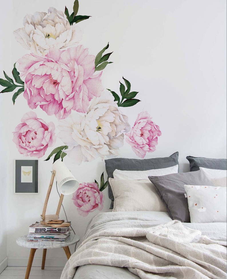 peony flower wall sticker vivid pink watercolor peony wall | etsy