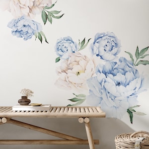 Peony Flowers Wall Sticker, Simple Shapes Peel and Stick Decals Removable W5028 Vintage Blue