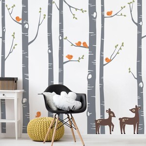 Birch Tree Wall Decal, Birch Trees, Birch Trees Vinyl, Birch Forest with Deer and Birds for Birch Nursery, Kids or Childrens Room W1114 Scheme C