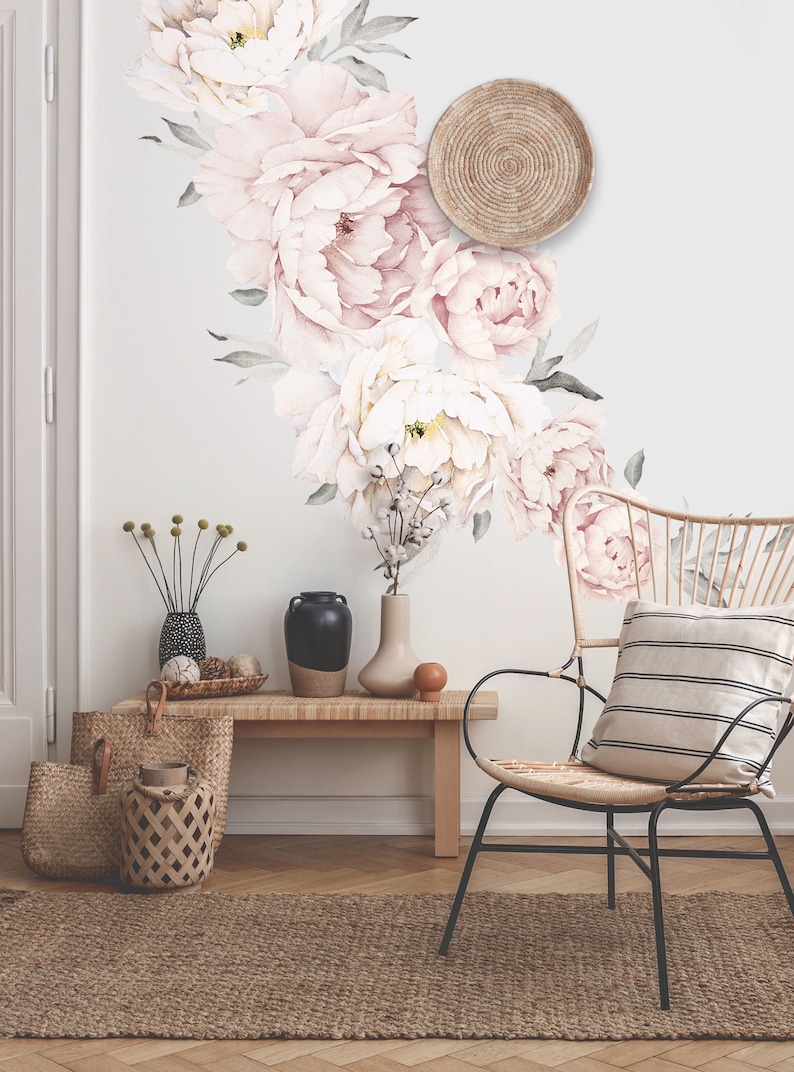 Peony Flowers Wall Sticker, Simple Shapes Peel and Stick Decals Removable W5028 Grey Washed PInk