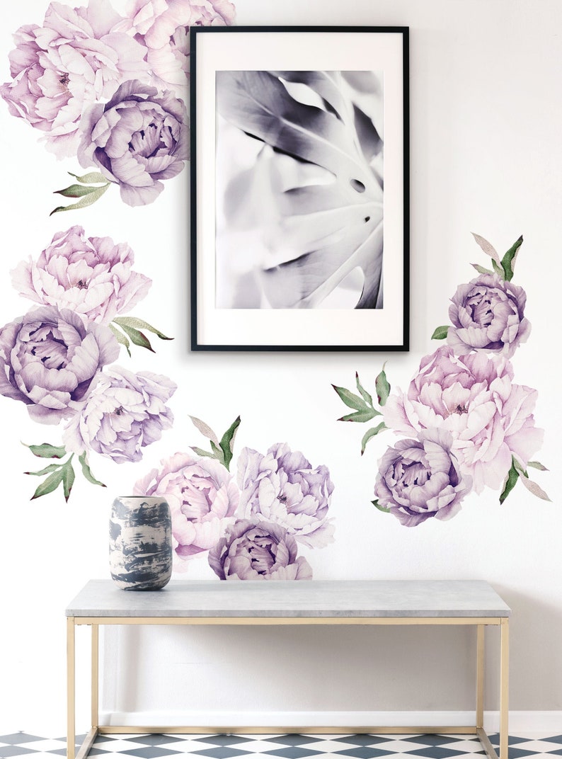 Peony Flowers Wall Sticker, Mixed Lavender Purple Watercolor Peony Wall Stickers Peel and Stick Removable Stickers LARGE SET image 3