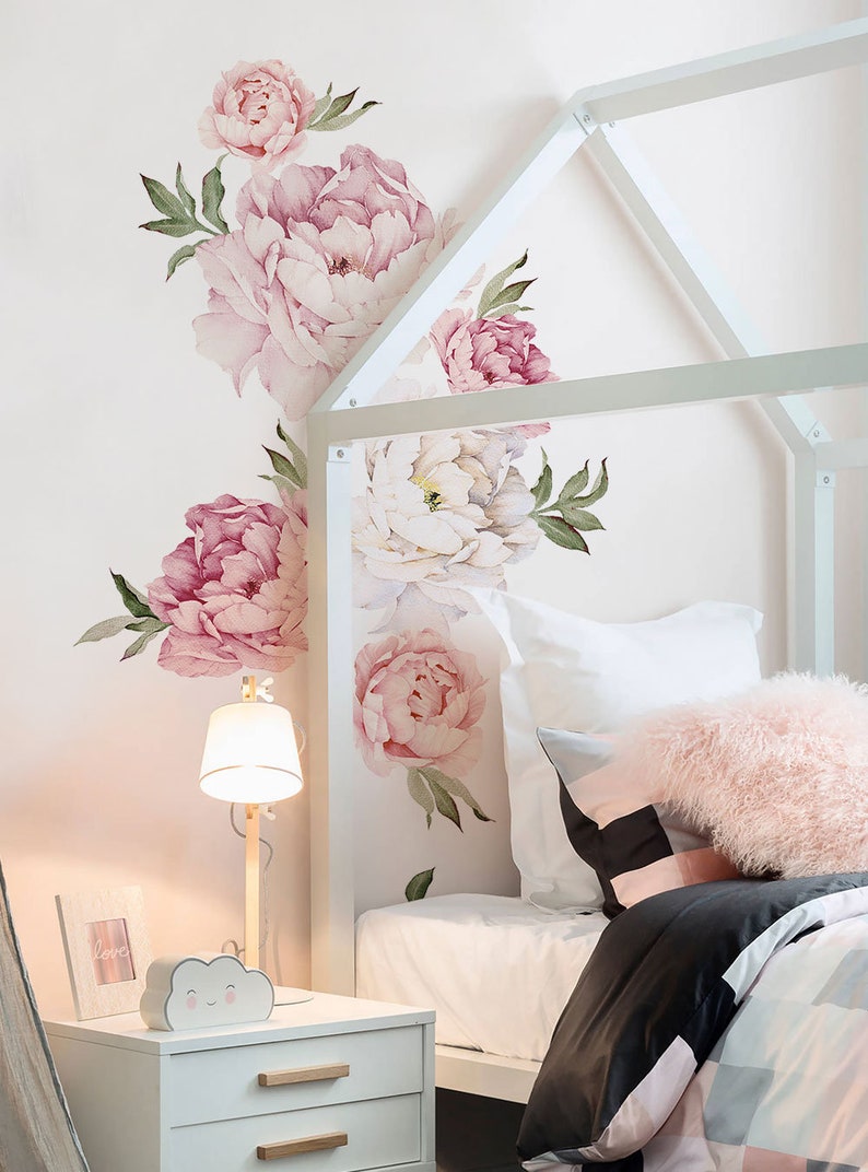 Peony Flowers Wall Sticker, Mixed Pink Watercolor Peony Wall Stickers Peel and Stick Removable Stickers image 1