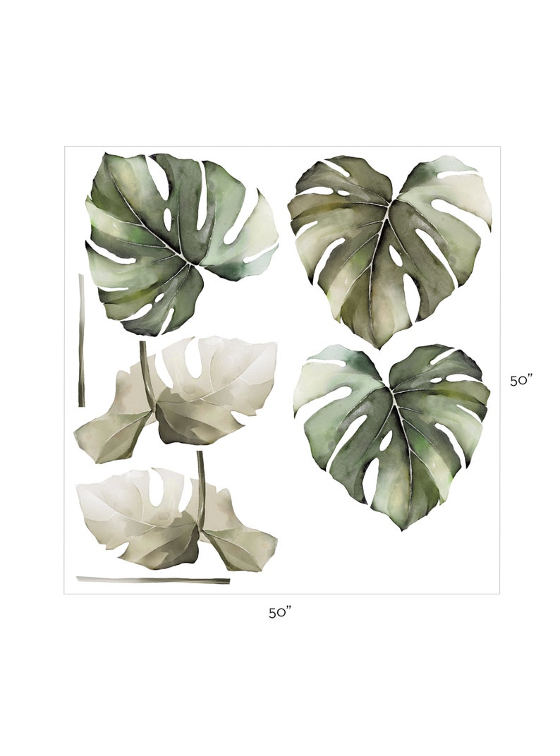 Watercolor Monstera Tropical Jungle Leaves, Safari Green Peel and Stick Removable Wall Stickers image 6