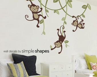 Monkey decals, 3 Monkeys Swinging From Vines Wall Decal - Kids Vinyl Wall Sticker Decal Set - Nursery Decals