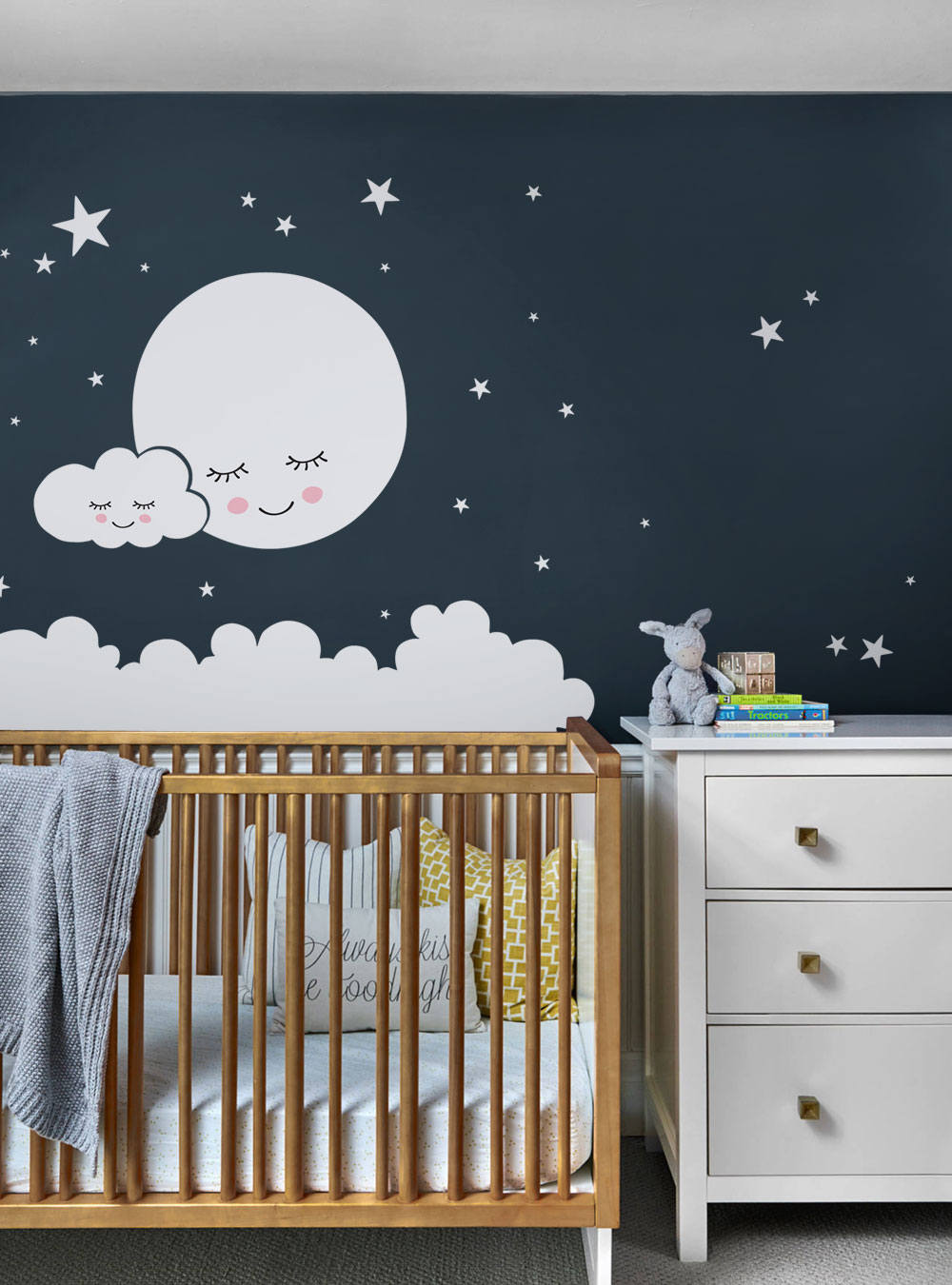 Modern Moon Stars Design for Home Bedroom Kids Room Nursery Daycare Playroom School Decoration Sticker Lunar Phases 10 x 30 White Vinyl Wall Art Decal 