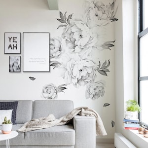 Peony Flowers Wall Sticker, Simple Shapes Peel and Stick Decals Removable W5028 Black and White