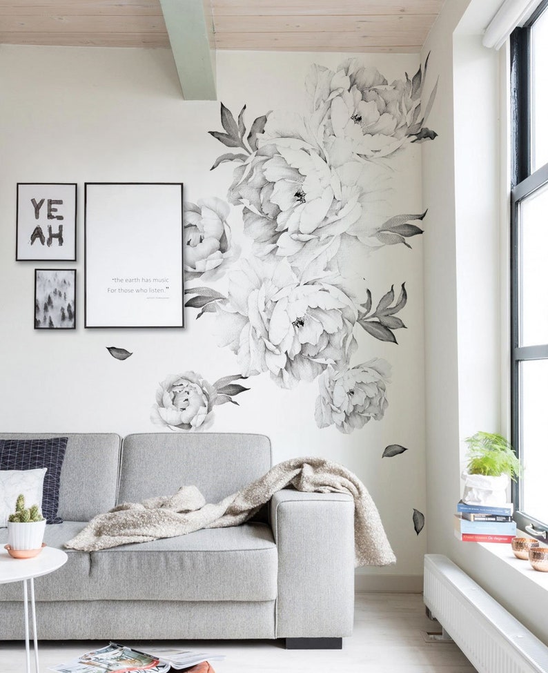 Peony Flowers Wall Sticker, Simple Shapes Peel and Stick Decals Removable W5028 Black and White