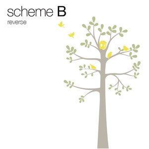 Pode incluir: Uma ilustra&ccedil;&atilde;o minimalista de uma &aacute;rvore com tronco e galhos cinzentos, adornada com folhas verdes e p&aacute;ssaros amarelos. Um ninho de p&aacute;ssaros est&aacute; aninhado nos galhos. As palavras "scheme B reverse" est&atilde;o no topo.