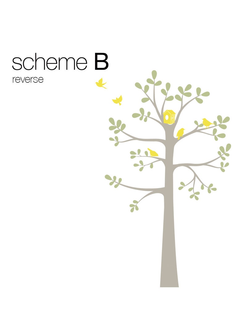 Pode incluir: Uma ilustra&ccedil;&atilde;o minimalista de uma &aacute;rvore com tronco e galhos cinzentos, adornada com folhas verdes e p&aacute;ssaros amarelos. Um ninho de p&aacute;ssaros est&aacute; aninhado nos galhos. As palavras "scheme B reverse" est&atilde;o no topo.