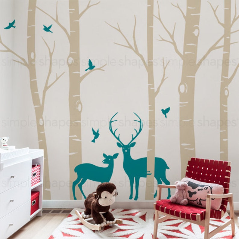 Birch Tree Wall decal with Deer and Bird Wall Decals Sticker Set W1116 Scheme C