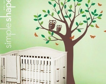 Tree with Two Owls and Butterflies Decal Set - Boy and Girl Kid's Room Wall Sticker