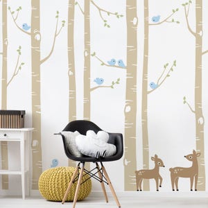 Birch Tree Wall Decal, Birch Trees, Birch Trees Vinyl, Birch Forest with Deer and Birds for Birch Nursery, Kids or Childrens Room W1114 Scheme A