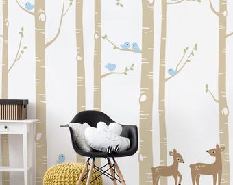 Birch Tree Wall Decal: Forest with Deer & Birds, Nursery Decor