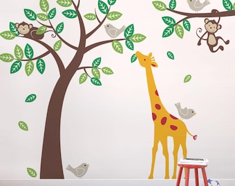 Monkey, Giraffe, and Birds Tree Wall Decal: Kids Nursery Decor