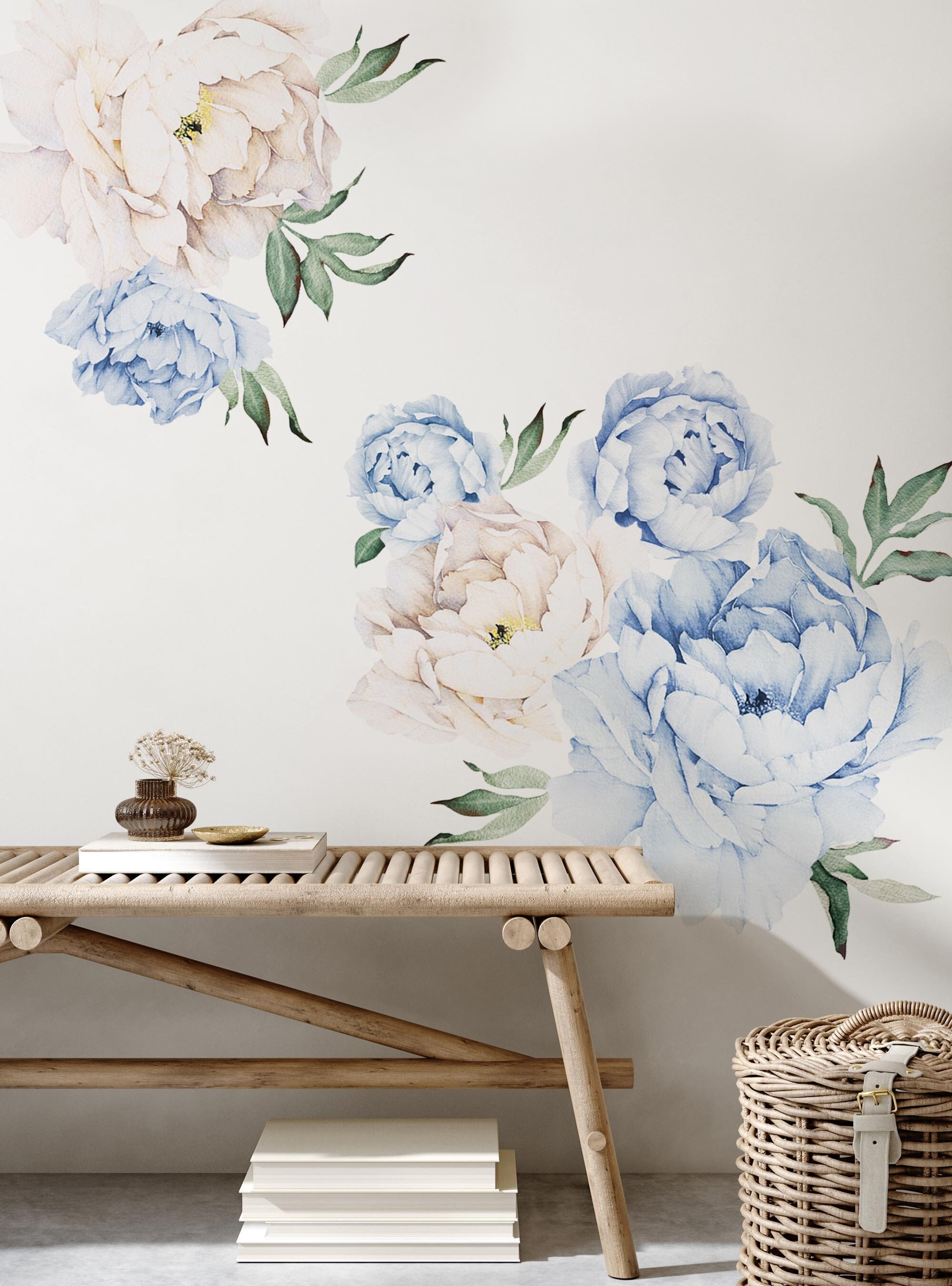 Peony Flowers Wall Sticker, Vintage Blue Watercolor Peony Wall Stickers - Peel and Stick Removable Stickers