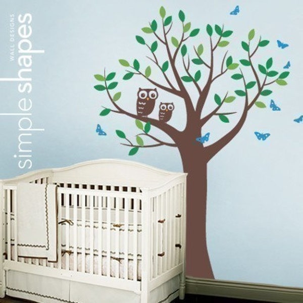 Tree with Two Owls and Butterflies Decal Set - Boy and Girl Kid's Room Wall Sticker