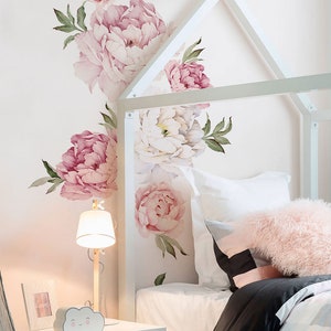 Peony Flowers Wall Sticker, Simple Shapes Peel and Stick Decals Removable W5028 Mixed Pink