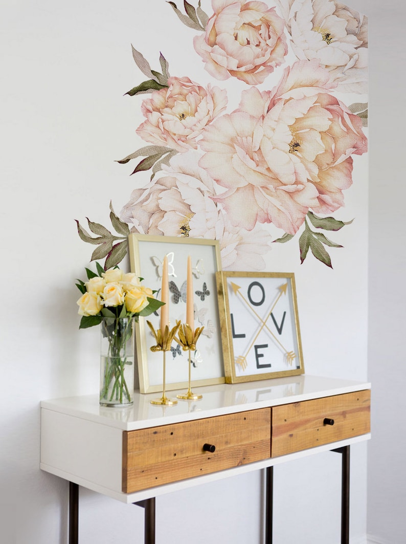 Peony Flowers Wall Sticker, Simple Shapes Peel and Stick Decals Removable W5028 Vintage Peach