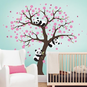 Calcomanía de pared de panda y árbol de cerezo en flor, calcomanía de pared de panda, árbol en flor para habitación de bebé, niños o niños