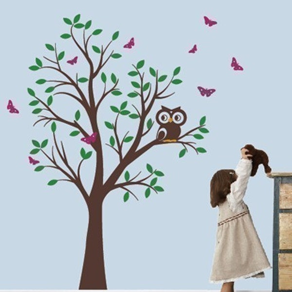 Kids Vinyl Wall Sticker Decal Art - Tree with Owl and Butterflies - Children Nursery Baby Kid Boy Girl Room