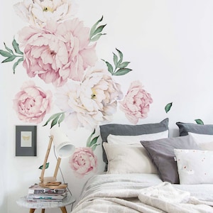 Peony Flowers Wall Sticker, Vintage Watercolor Peony Wall Stickers Peel and Stick Removable Stickers image 3