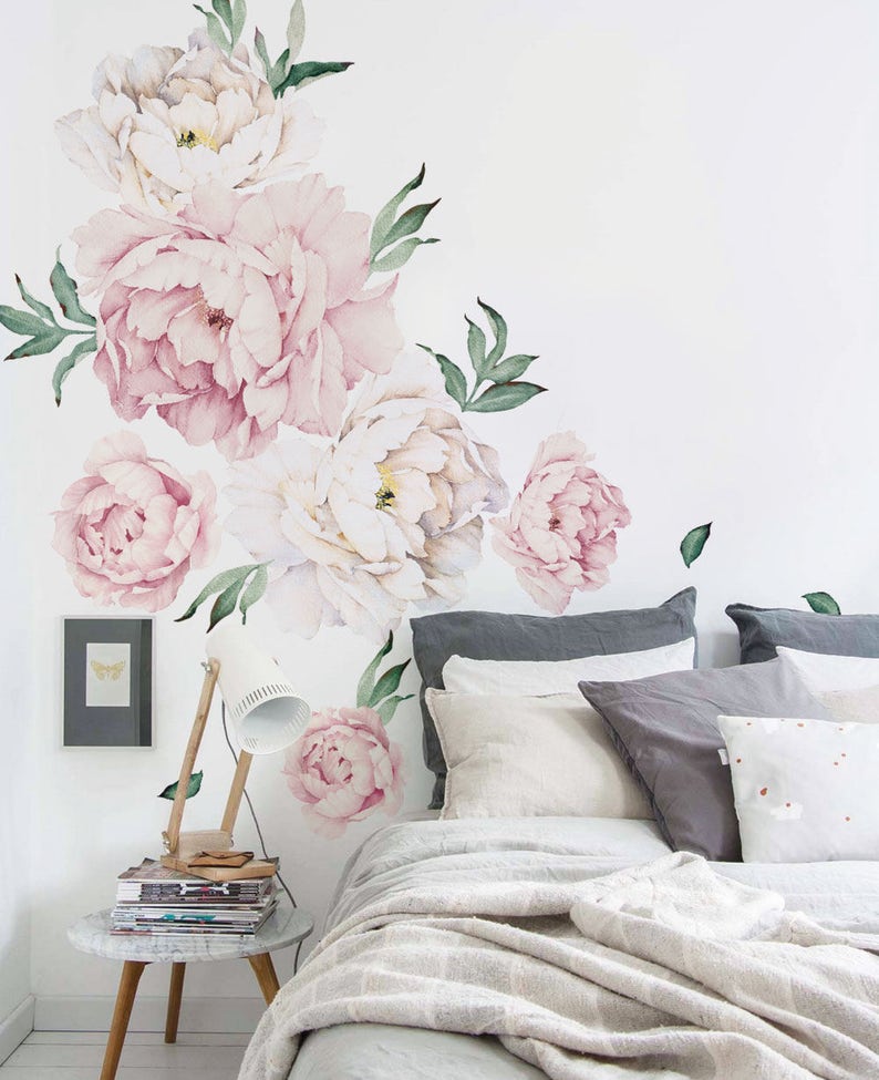 Peony Flowers Wall Sticker, Vintage Watercolor Peony Wall Stickers Peel and Stick Removable Stickers image 3