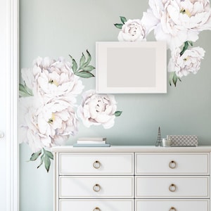 Peony Flowers Wall Sticker, White Watercolor Peony Wall Stickers Peel and Stick Removable Stickers image 2