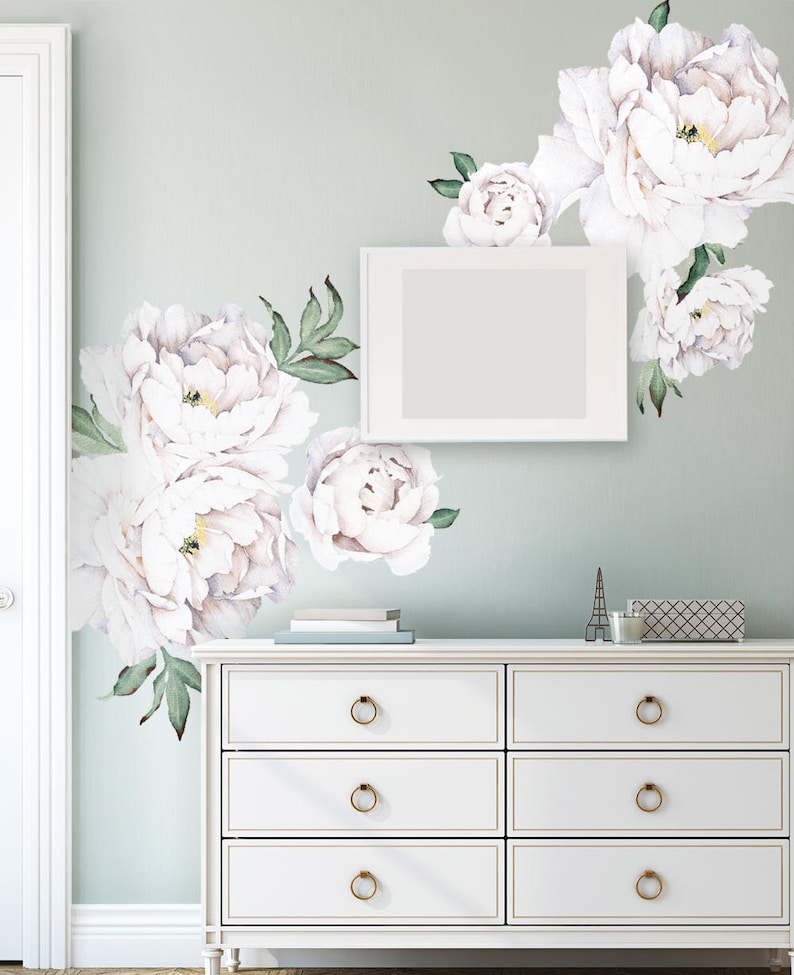 Peony Flowers Wall Sticker, White Watercolor Peony Wall Stickers Peel and Stick Removable Stickers image 2