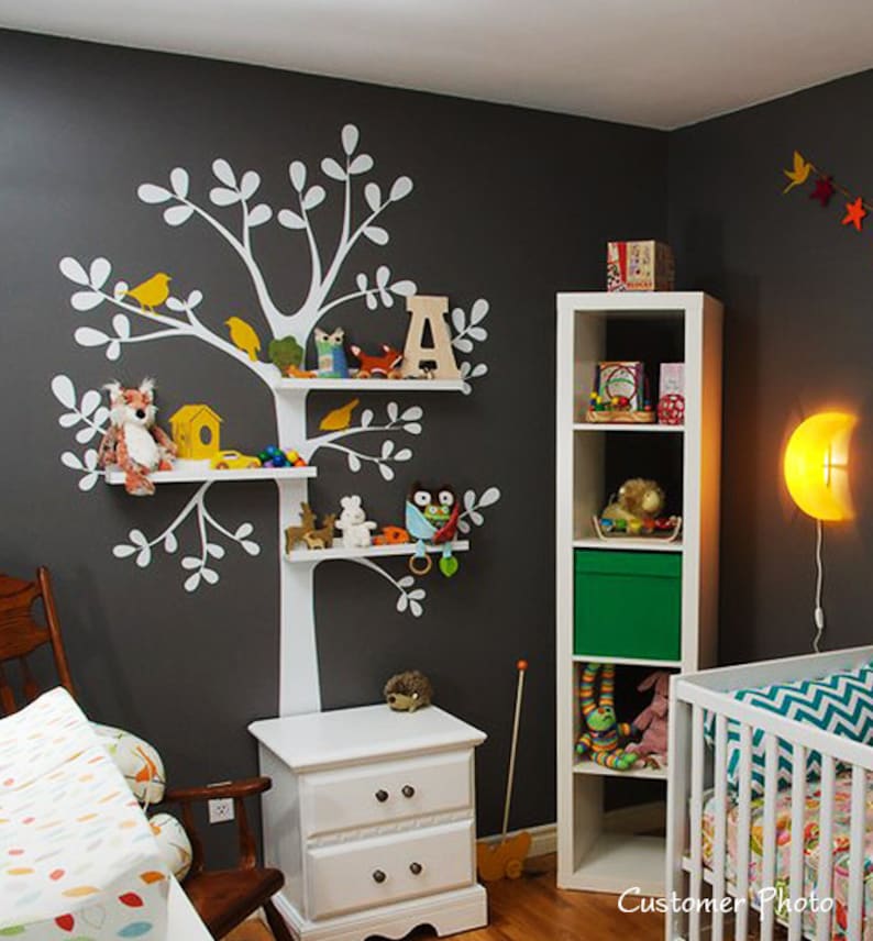 The ORIGINAL Shelving Tree with Birds LARGE Kids Vinyl Wall Sticker Decal Art image 1