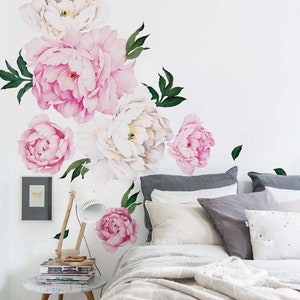 Peony Flowers Wall Sticker, Simple Shapes Peel and Stick Decals Removable W5028 Vivid Pink