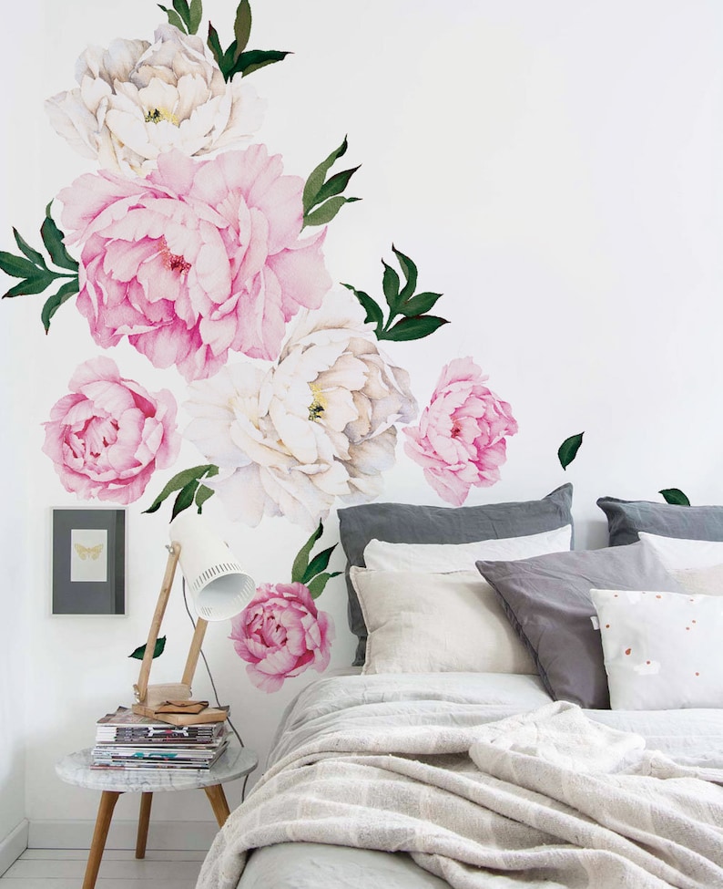 Peony Flowers Wall Sticker, Simple Shapes Peel and Stick Decals Removable W5028 Vivid Pink