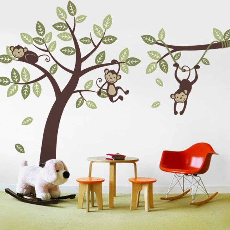 3 Monkey Tree and Branch Vine Kid Wall Decals, Baby Nursery Vinyl Wall Decals image 1