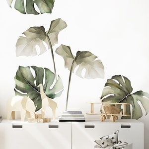 Watercolor Monstera Tropical Jungle Leaves, Safari Green Peel and Stick Removable Wall Stickers image 4